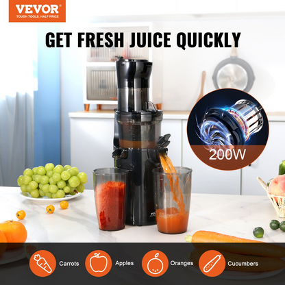 VEVOR Masticating Juicer, Cold Press Juicer Machine, 2.6" Large Feed Chute Slow Juicer, Juice Extractor Maker with High Juice Yield, Easy to Clean with Brush, for High Nutrient Fruits Vegetables