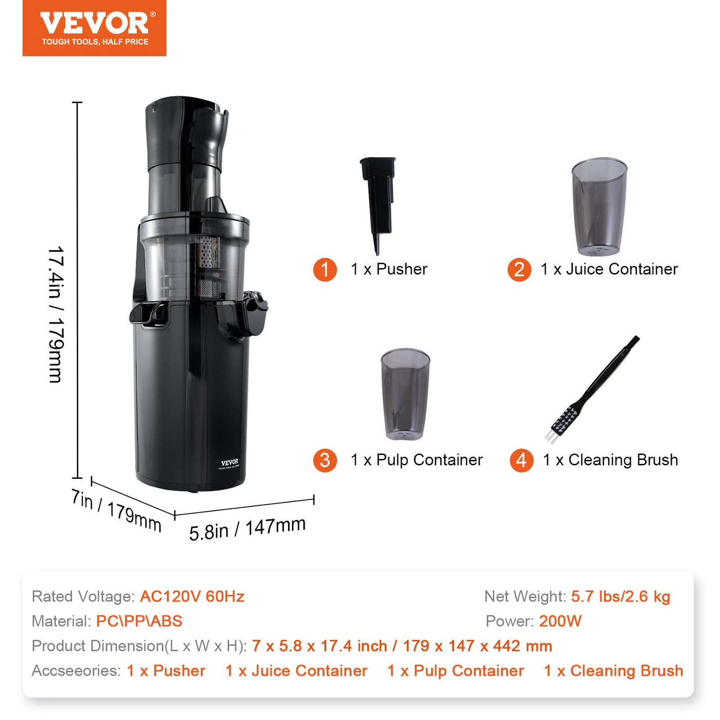 VEVOR Masticating Juicer, Cold Press Juicer Machine, 2.6" Large Feed Chute Slow Juicer, Juice Extractor Maker with High Juice Yield, Easy to Clean with Brush, for High Nutrient Fruits Vegetables