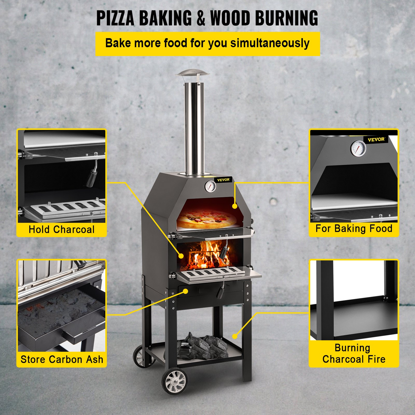 VEVOR Outdoor Pizza Oven, 12" Wood Fire Oven, 2-Layer Pizza Oven Wood Fired, Wood Burning Outdoor Pizza Oven with 2 Removable Wheels, 700℉ Max Temperature Wood Fired Pizza Maker Ovens for Barbecue