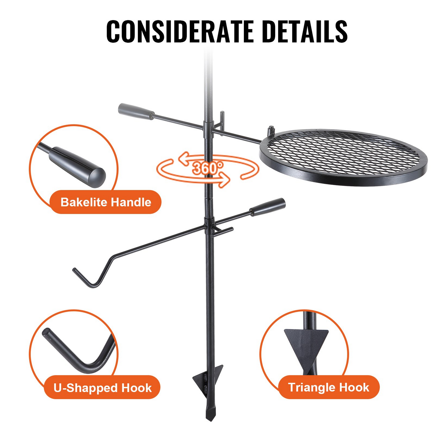 VEVOR Swivel Campfire Grill, Fire Pit Grill Grate over Fire Pits, Heavy Duty Steel Grill Grates, 360° Adjustable Open Fire Outdoor Cooking Equipment, Portable Camp Fire Racks for Camping Outdoor BBQ