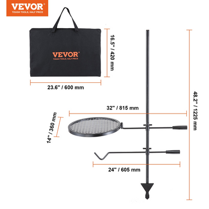 VEVOR Swivel Campfire Grill, Fire Pit Grill Grate over Fire Pits, Heavy Duty Steel Grill Grates, 360° Adjustable Open Fire Outdoor Cooking Equipment, Portable Camp Fire Racks for Camping Outdoor BBQ