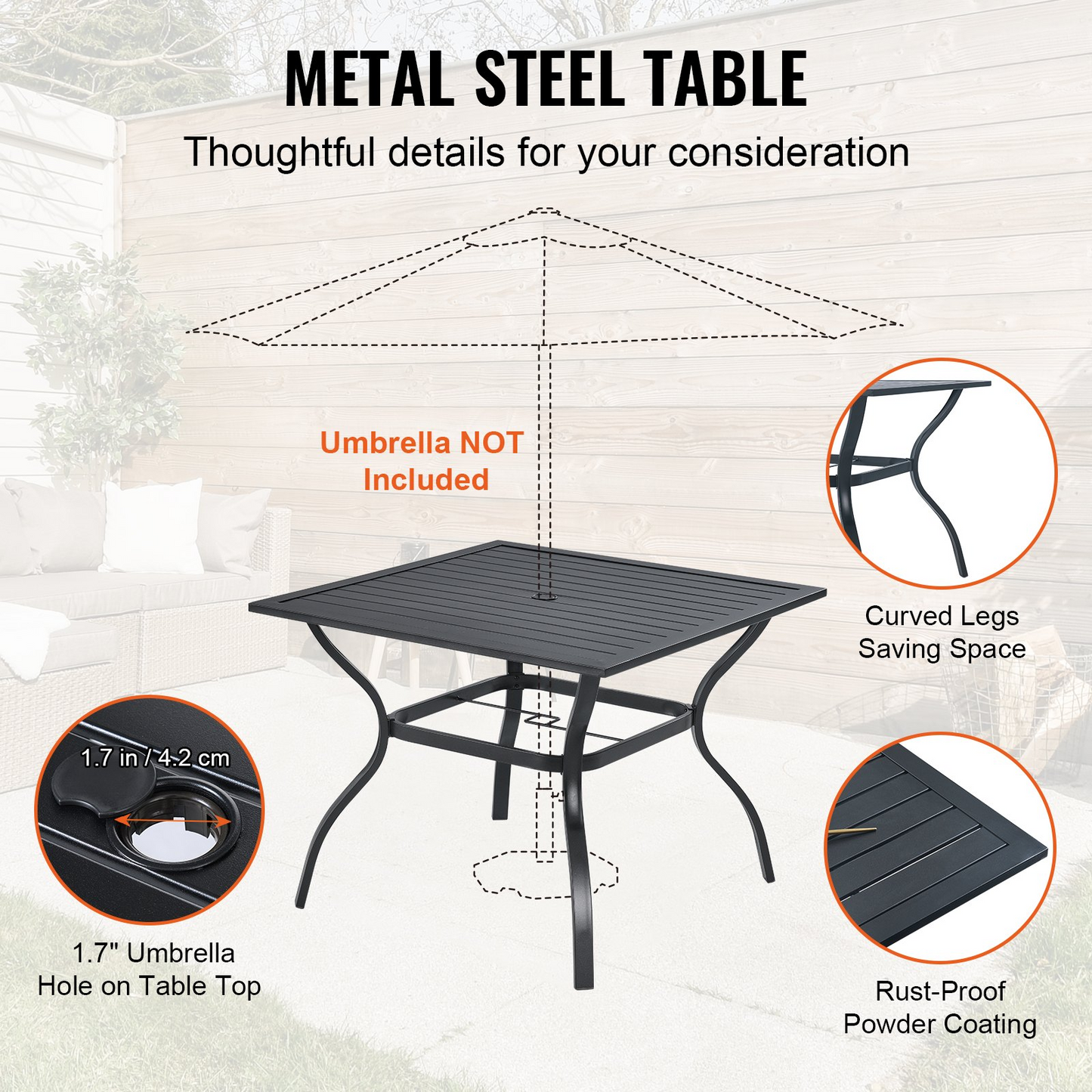 VEVOR 5 Pieces Patio Dining Set, Outdoor Furniture Table and Swivel Chairs Set, All Weather Garden Furniture Table Sets, Iron Patio Conversation Set with Umbrella Hole, For Lawn, Deck, Backyard, Black