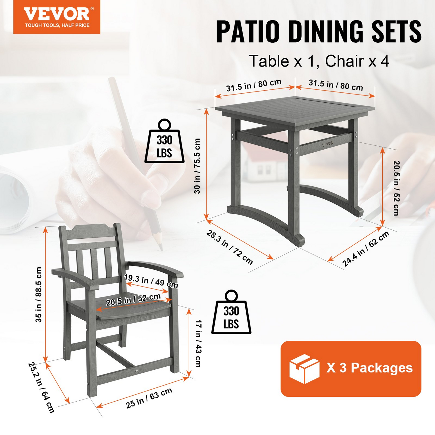 VEVOR 5 Pieces Patio Dining Set, Outdoor Square Furniture Table and Chairs, All Weather Garden Furniture Table Sets, HIPS Small Patio Conversation Set, For Lawn, Deck, Backyard, Poolside, Light Gray