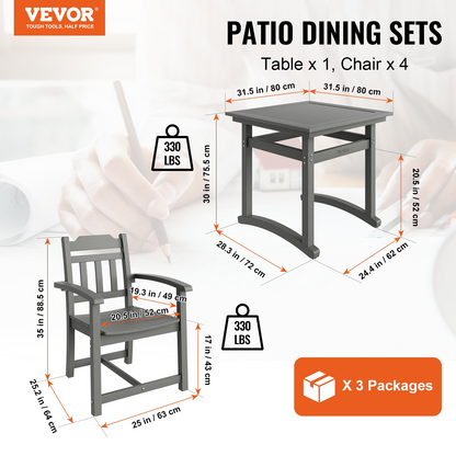 VEVOR 5 Pieces Patio Dining Set, Outdoor Square Furniture Table and Chairs, All Weather Garden Furniture Table Sets, HIPS Small Patio Conversation Set, For Lawn, Deck, Backyard, Poolside, Light Gray