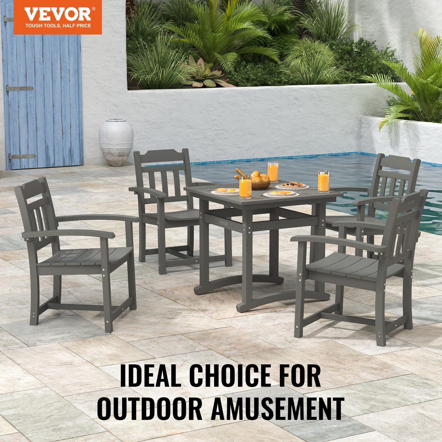 VEVOR 5 Pieces Patio Dining Set, Outdoor Square Furniture Table and Chairs, All Weather Garden Furniture Table Sets, HIPS Small Patio Conversation Set, For Lawn, Deck, Backyard, Poolside, Light Gray