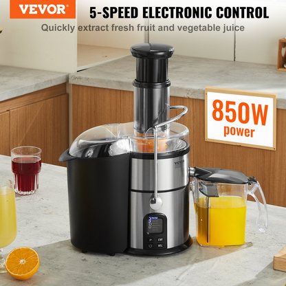 VEVOR Juicer Machine, 850W Motor Centrifugal Juice Extractor, Easy Clean Centrifugal Juicers, Big Mouth Large 3" Feed Chute for Fruits and Vegetables, 5 Speeds Juice Maker, Stainless Steel, BPA Free