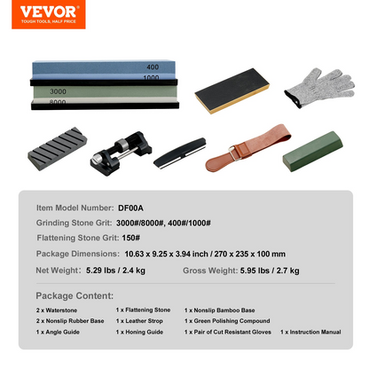 VEVOR Whetstone Knife Sharpening Kit, 2 Dual-Sided Grit Whetstones 400/1000 3000/8000, 10PCS Knife Sharpener Kit with 3 Non-Slip Bases, Flattening Stone, Angle & Honing Guide for All Knives, Scissors