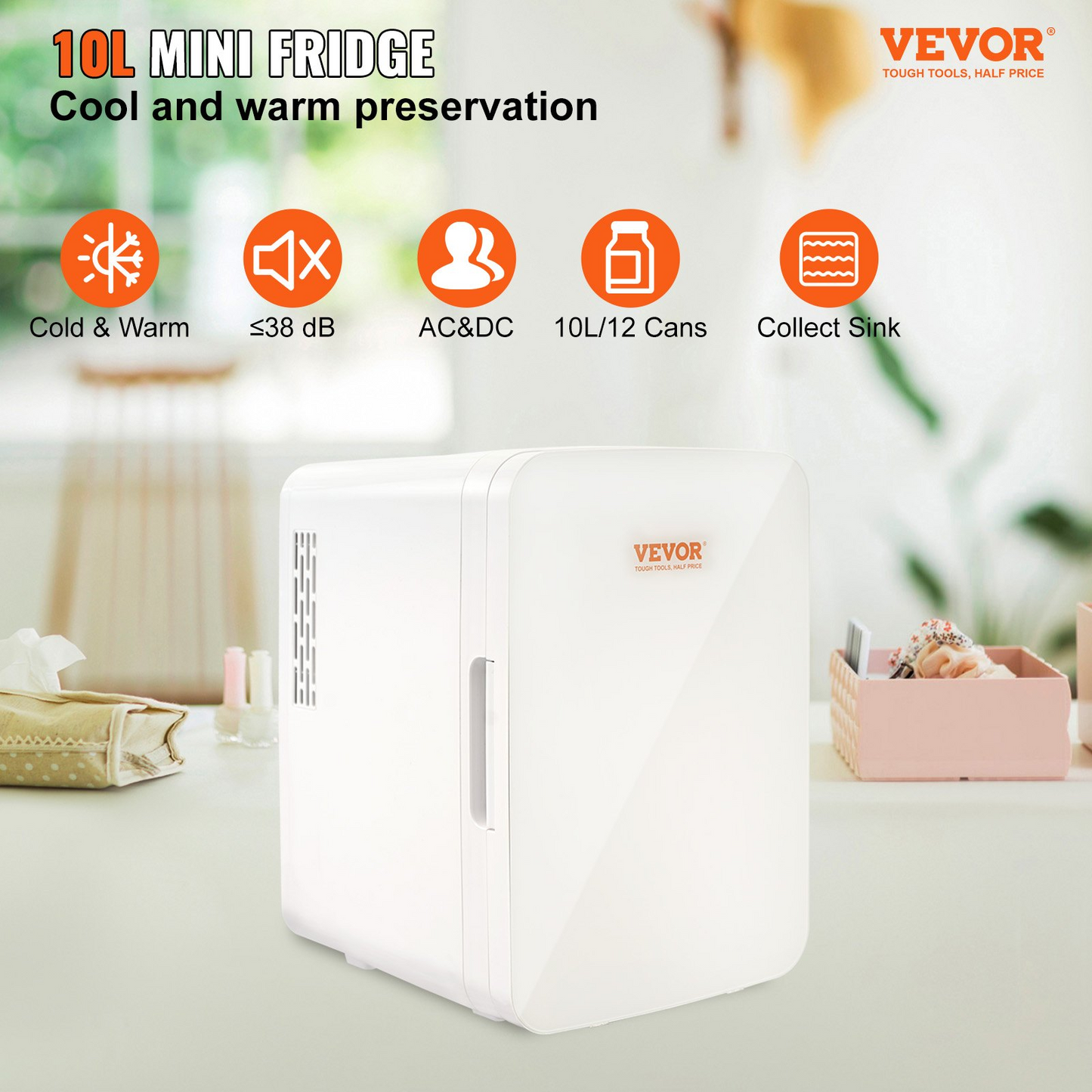 Vevor Mini Fridge,10L/12 Can Luxury Skin Care Refrigerator,  Small Beverage Fridges for Bedroom Office Dorm Car Travel,  AC/DC Cooler & Heat for Foods, Drink, Breast Milk Storage & Chill, White