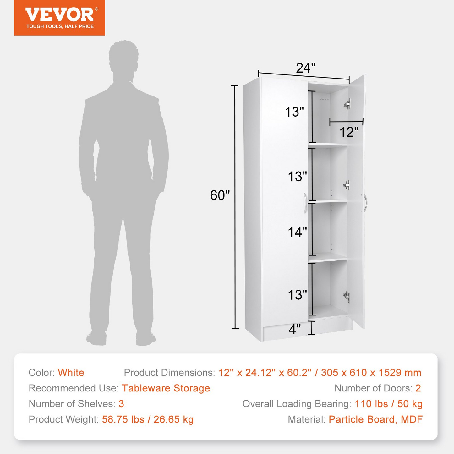 VEVOR Kitchen Pantry Cabinet 60" Tall Food Pantry Storage Cabinet 110LB Loading