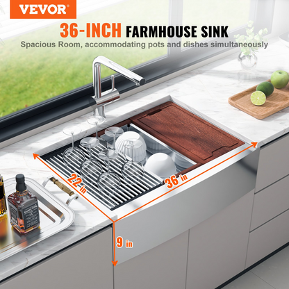 VEVOR Farmhouse Kitchen Sink, 304 Stainless Steel Drop-In Sinks, Single Bowl Basin with Ledge & Accessories, Household Dishwasher Sinks for Workstation, Prep Kitchen, and Bar Sink, 36 inch