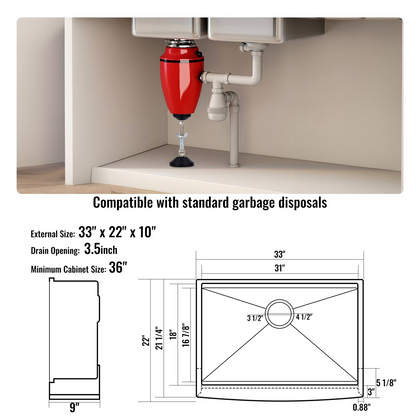 VEVOR Farmhouse Kitchen Sink, 304 Stainless Steel Drop-In Sinks, Single Bowl Basin with Ledge & Accessories, Household Dishwasher Sinks for Workstation, Prep Kitchen, and Bar Sink, 33 inch