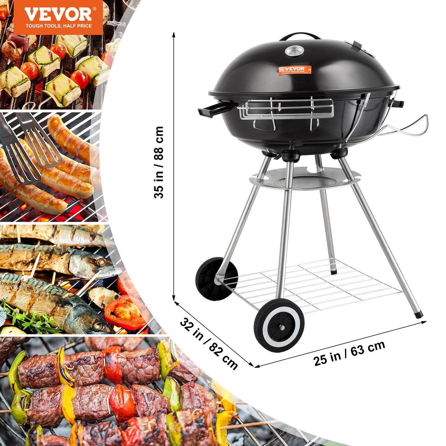 VEVOR 22 inch Kettle Charcoal Grill, Premium Kettle Grill with Wheels and Cover, Porcelain-Enameled Lid and Ash Catcher & Thermometer for BBQ, Round Barbecue Grill Outdoor Cooking, Picnic, Patio and Backyard