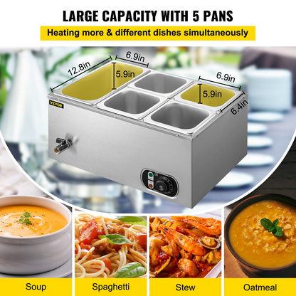 VEVOR 110V Commercial Food Warmer 1x1/3GN and 4x1/6GN, 5-Pan Stainless Steel Bain Marie 13.7 Quart Capacity,1500W Steam Table 15cm/6inch Deep, Electric Food Warmer with Lid for Catering Restaurants