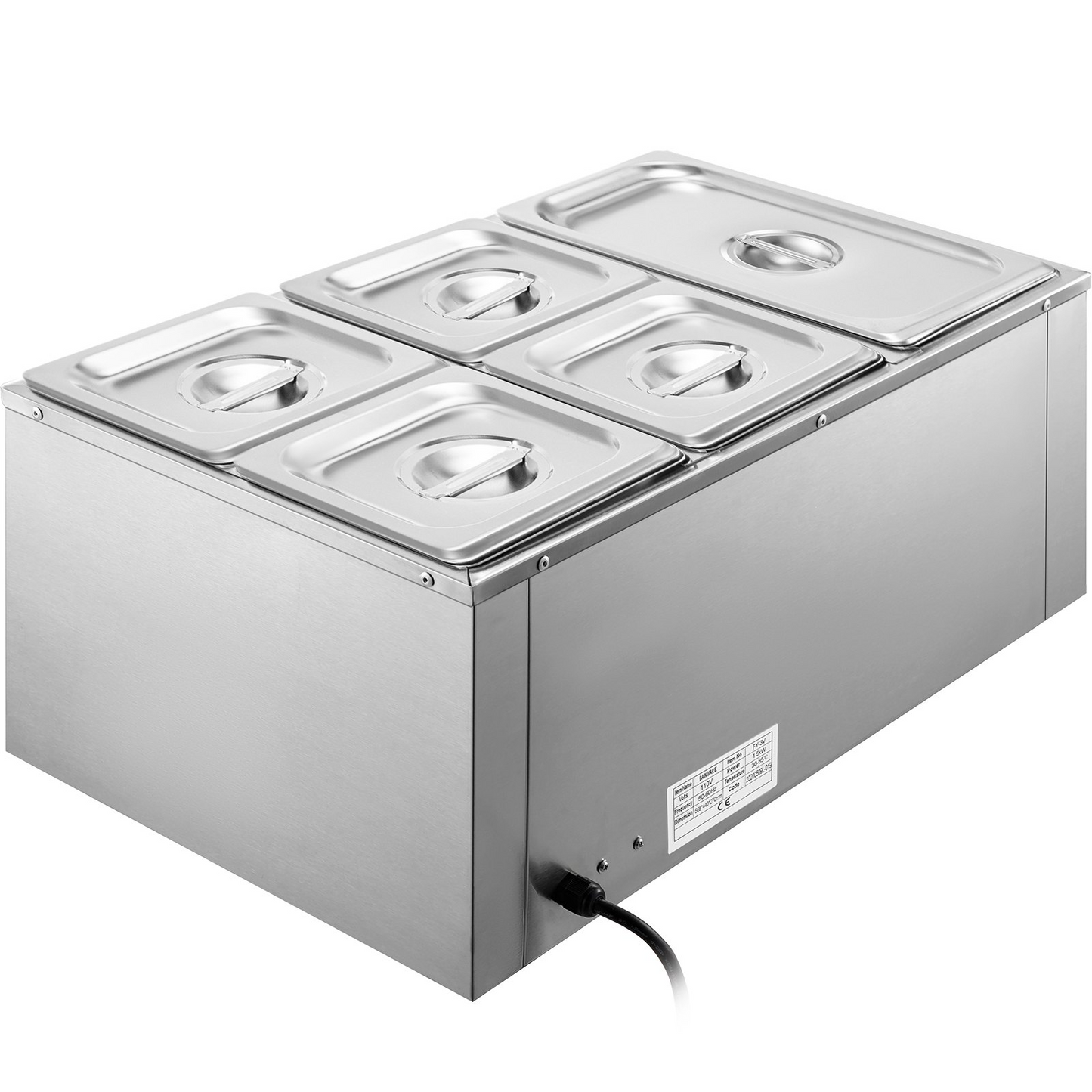 VEVOR 110V Commercial Food Warmer 1x1/3GN and 4x1/6GN, 5-Pan Stainless Steel Bain Marie 13.7 Quart Capacity,1500W Steam Table 15cm/6inch Deep, Electric Food Warmer with Lid for Catering Restaurants