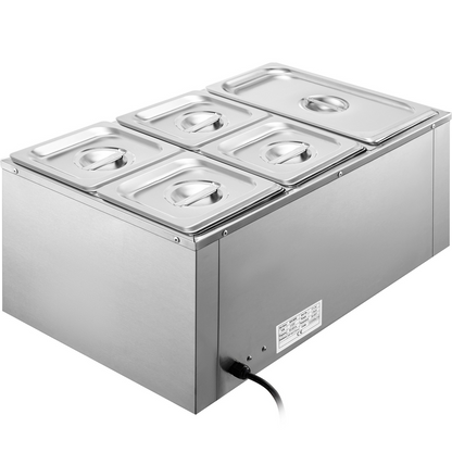 VEVOR 110V Commercial Food Warmer 1x1/3GN and 4x1/6GN, 5-Pan Stainless Steel Bain Marie 13.7 Quart Capacity,1500W Steam Table 15cm/6inch Deep, Electric Food Warmer with Lid for Catering Restaurants