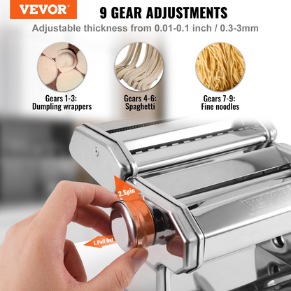 VEVOR Pasta Maker Machine, 9 Adjustable Thickness Settings Noodles Maker, Stainless Steel Noodle Rollers and Cutter, Manual Hand Press, Pasta Making Kitchen Tool Kit, Perfect for Spaghetti Lasagna