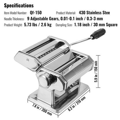 VEVOR Pasta Maker Machine, 9 Adjustable Thickness Settings Noodles Maker, Stainless Steel Noodle Rollers and Cutter, Manual Hand Press, Pasta Making Kitchen Tool Kit, Perfect for Spaghetti Lasagna