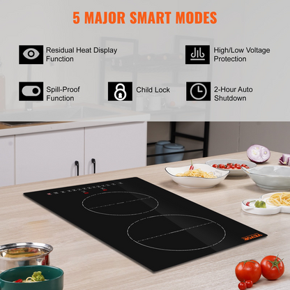 VEVOR Electric Cooktop, 2 Burners, 12'' Induction Stove Top, Built-in Magnetic Cooktop 3000W, 9 Heating Level Multifunctional Burner, LED Touch Screen w/ Child Lock & Over-Temperature Protection