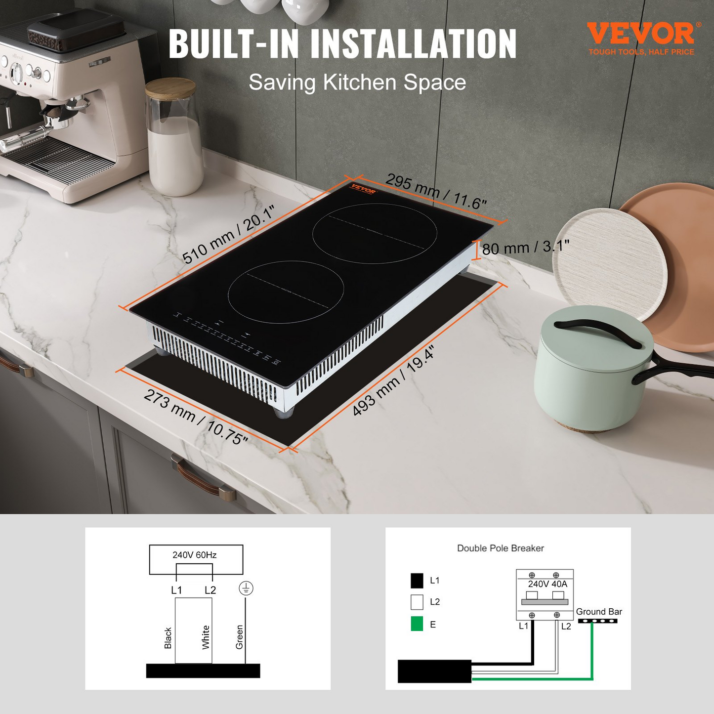 VEVOR Electric Cooktop, 2 Burners, 12'' Induction Stove Top, Built-in Magnetic Cooktop 3000W, 9 Heating Level Multifunctional Burner, LED Touch Screen w/ Child Lock & Over-Temperature Protection