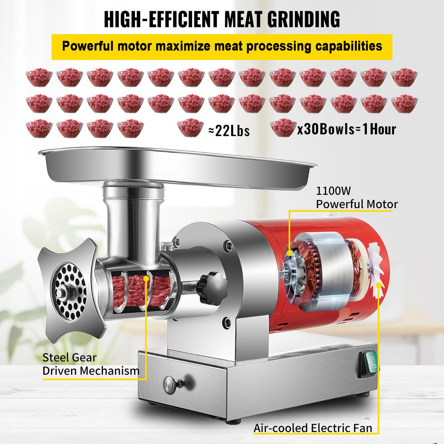 VEVOR Electric Meat Grinder, 661 Lbs/Hour1100 W Meat Grinder Machine, 1.5 HP Electric Meat Mincer with 2 Grinding Plates, Sausage Kit Set Meat Grinder Heavy Duty, Home Kitchen & Commercial Use Red