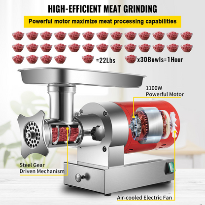 VEVOR Electric Meat Grinder, 661 Lbs/Hour1100 W Meat Grinder Machine, 1.5 HP Electric Meat Mincer with 2 Grinding Plates, Sausage Kit Set Meat Grinder Heavy Duty, Home Kitchen & Commercial Use Red