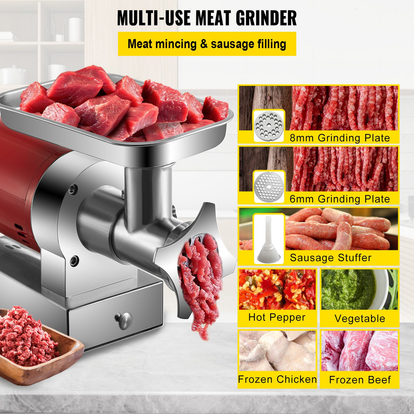 VEVOR Electric Meat Grinder, 661 Lbs/Hour1100 W Meat Grinder Machine, 1.5 HP Electric Meat Mincer with 2 Grinding Plates, Sausage Kit Set Meat Grinder Heavy Duty, Home Kitchen & Commercial Use Red