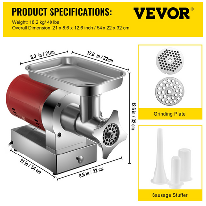 VEVOR Electric Meat Grinder, 661 Lbs/Hour1100 W Meat Grinder Machine, 1.5 HP Electric Meat Mincer with 2 Grinding Plates, Sausage Kit Set Meat Grinder Heavy Duty, Home Kitchen & Commercial Use Red