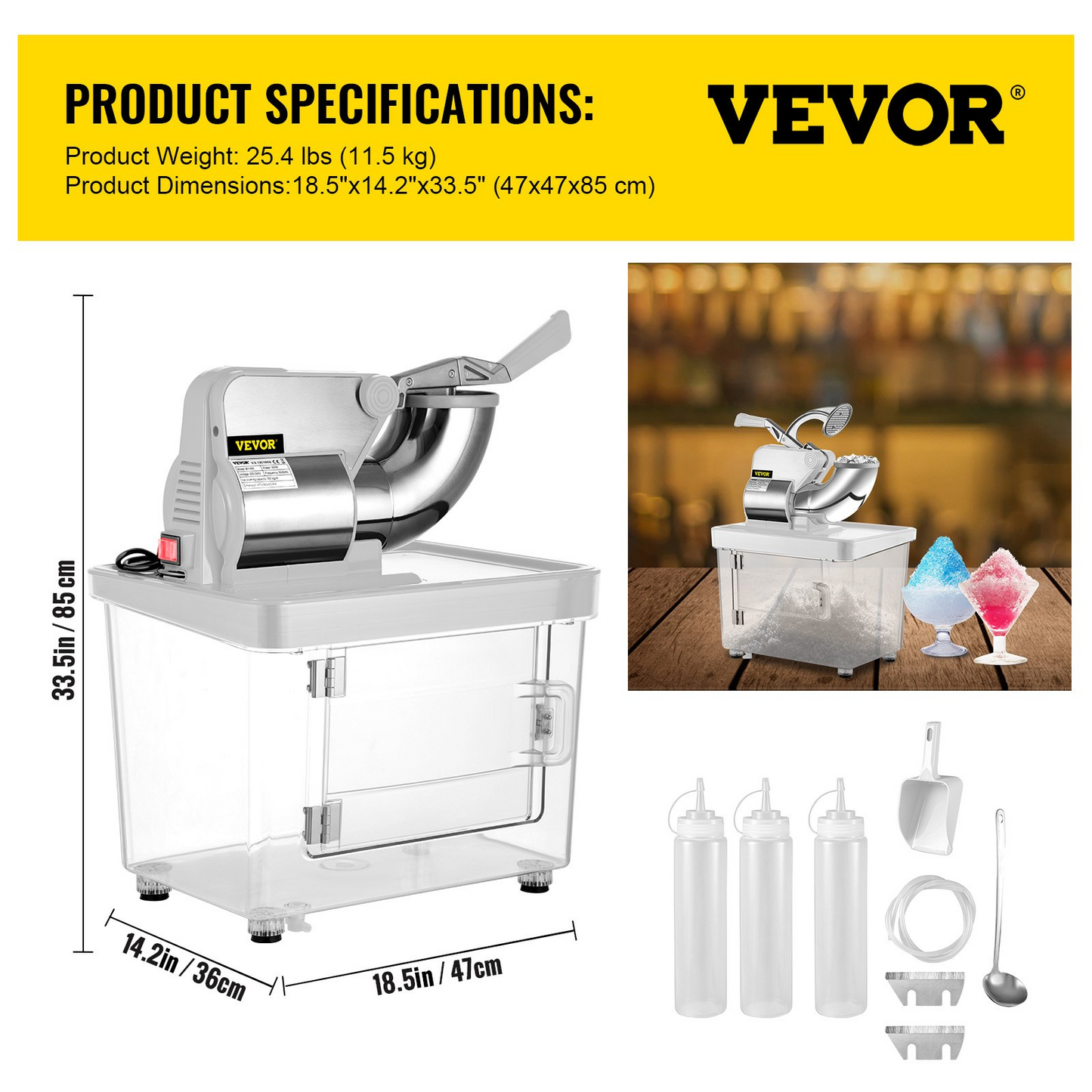 VEVOR 110V Commercial Ice Crusher 440LBS/H, ETL Approved 300W Electric Snow Cone Machine with Dual Blades, Stainless Steel Shaved Ice Machine with Safety On/Off Switch for Family, Restaurants, Bars