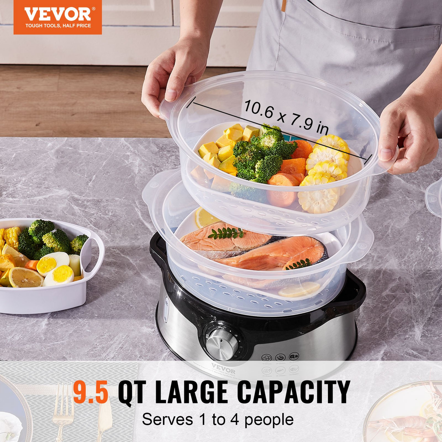 VEVOR Electric Food Steamer, 9.5Qt/9L Electric Vegetable Steamer with 3-Tier Stackable Trays, 800W Food-Grade Food Steamer for Cooking with 60-Min Timer, Auto Shut-Off and Boil Dry Protection