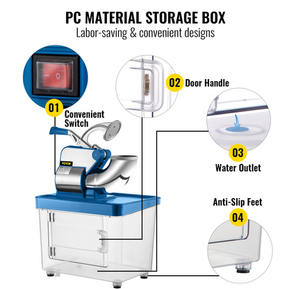 VEVOR 110V Commercial Ice Crusher 440LBS/H, ETL Approved 300W Electric Snow Cone Machine with Dual Blades, Stainless Steel Shaved Ice Machine with Safety On/Off Switch for Family, Restaurants, Bars