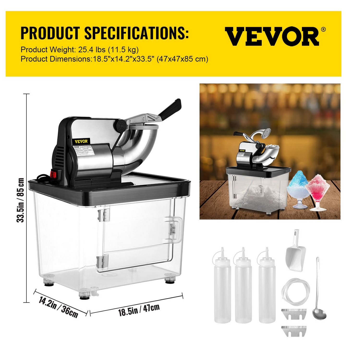 VEVOR 110V Commercial Ice Crusher 440LBS/H, ETL Approved 300W Electric Snow Cone Machine with Dual Blades, Stainless Steel Shaved Ice Machine with Safety On/Off Switch for Family, Restaurants, Bars