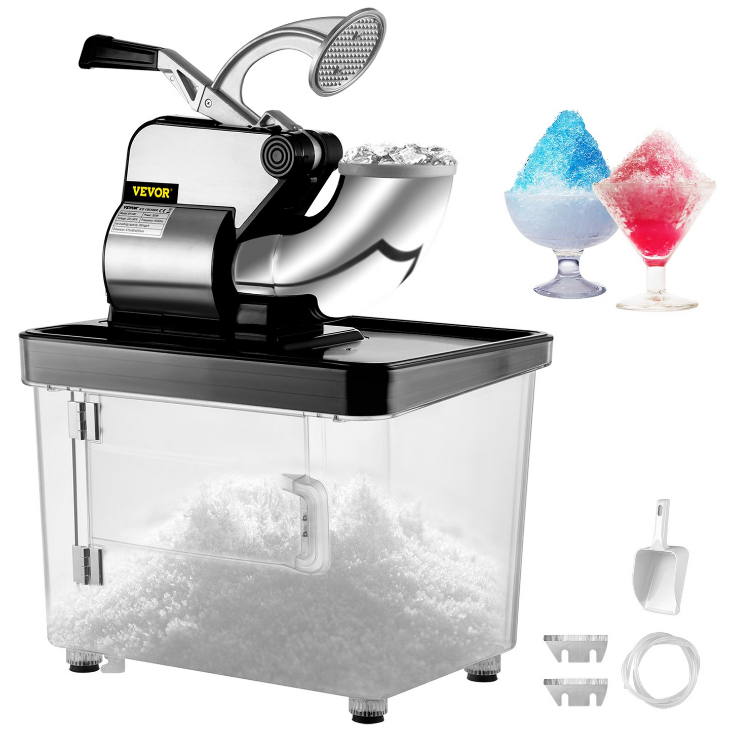 VEVOR 110V Commercial Ice Crusher 440LBS/H, ETL Approved 300W Electric Snow Cone Machine with Dual Blades, Stainless Steel Shaved Ice Machine with Safety On/Off Switch for Family, Restaurants, Bars