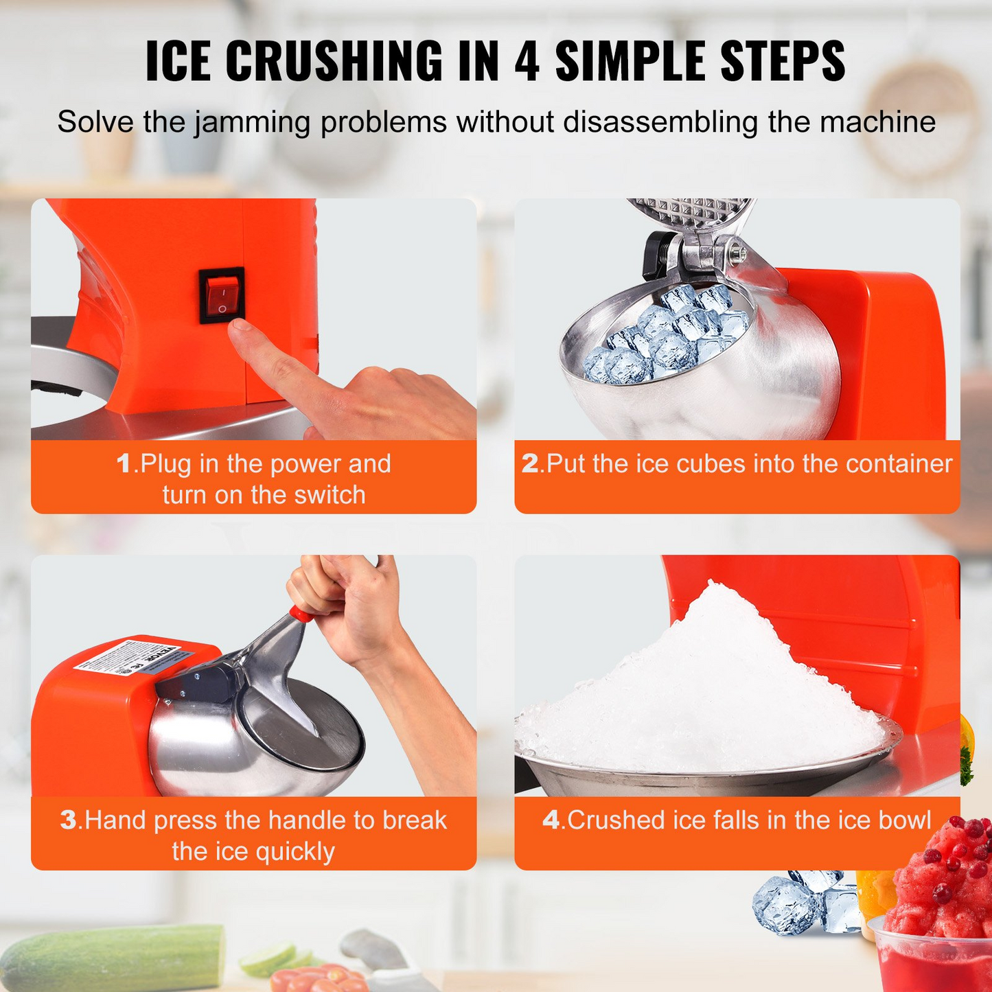 VEVOR Ice Crushers Machine, 220lbs Per Hour Electric Snow Cone Maker with 4 Blades, Stainless Steel Shaved Ice Machine with Cover and Bowl, 300W Ice Shaver Machine for Home and Commercial Use, Orange