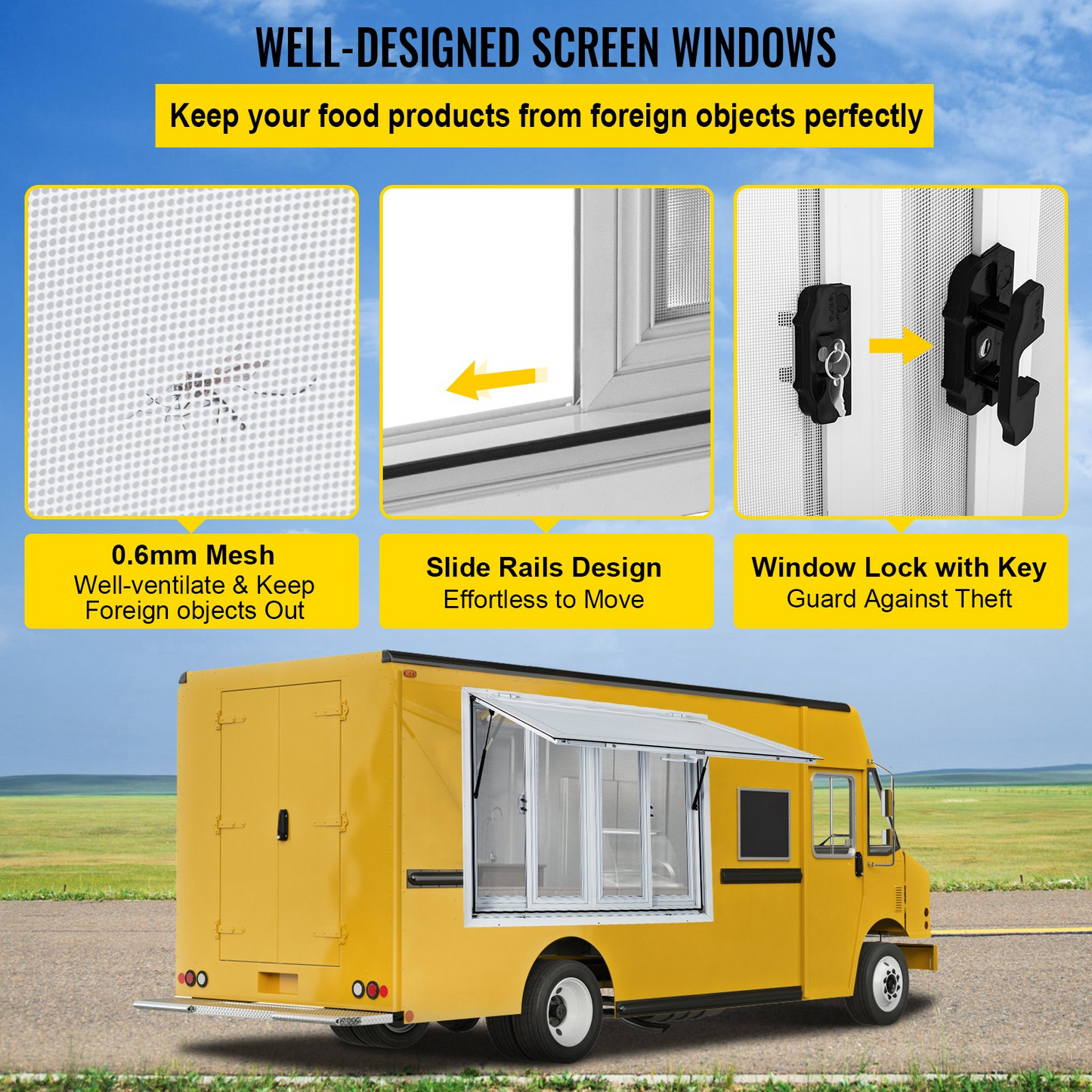 VEVOR Concession Window, 36 x 36 inch, Aluminum Alloy Food Truck Service Window with 4 Horizontal Sliding Screen Windows & Awning Door & Drag Hook, Serving Window for Food Trucks Concession Trailers