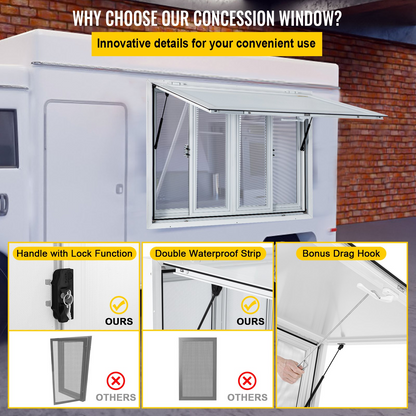 VEVOR Concession Window, 36 x 36 inch, Aluminum Alloy Food Truck Service Window with 4 Horizontal Sliding Screen Windows & Awning Door & Drag Hook, Serving Window for Food Trucks Concession Trailers