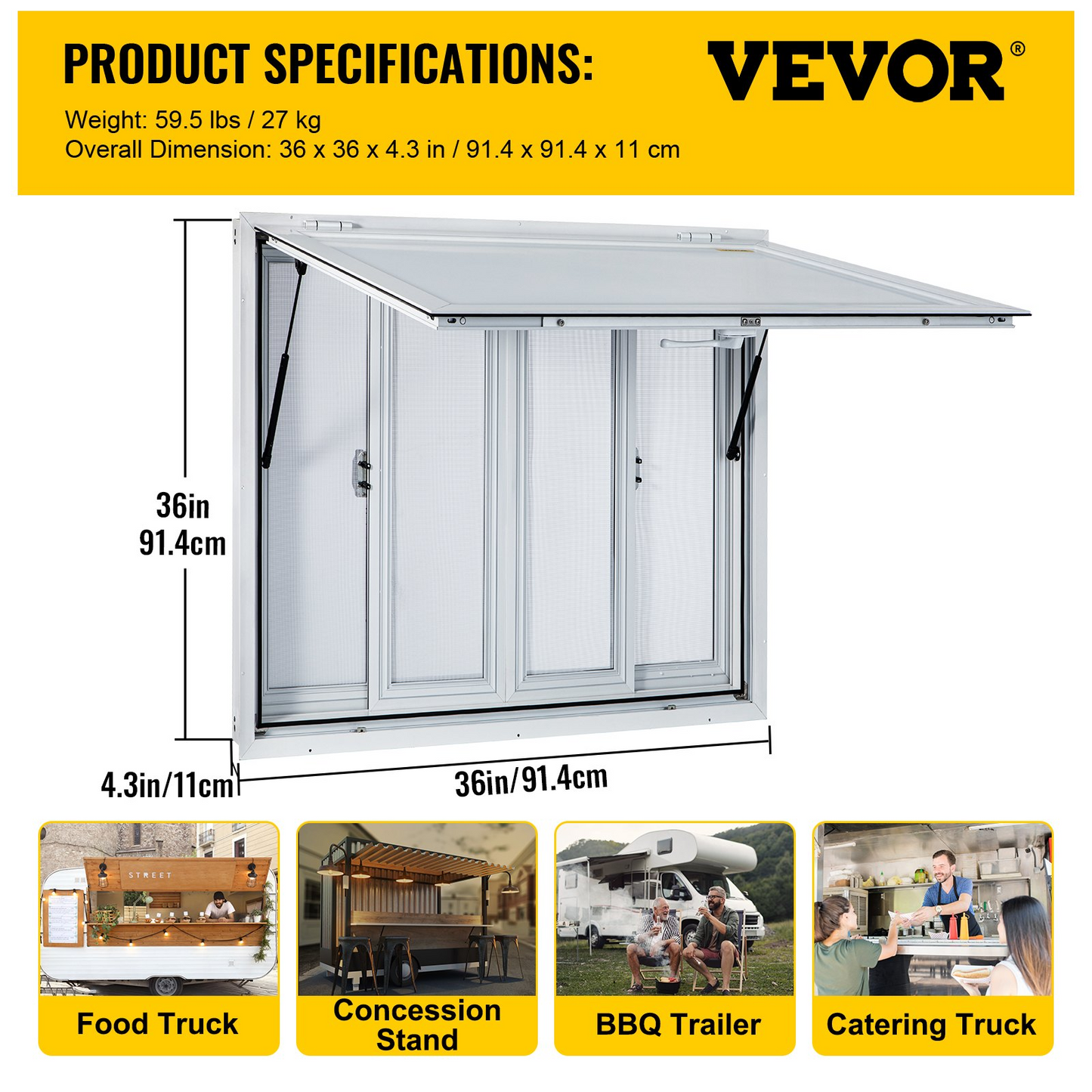 VEVOR Concession Window, 36 x 36 inch, Aluminum Alloy Food Truck Service Window with 4 Horizontal Sliding Screen Windows & Awning Door & Drag Hook, Serving Window for Food Trucks Concession Trailers