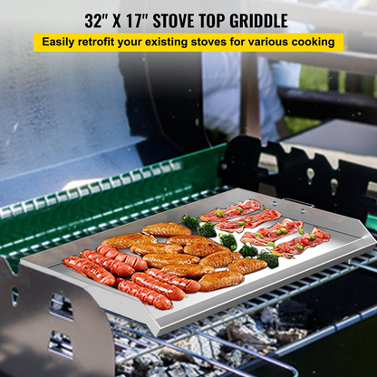 VEVOR Stainless Steel Griddle,32" X 17" Universal Flat Top Rectangular Plate , BBQ Charcoal/Gas Grill with 2 Handles and Grease Groove with Hole，Grills for Camping, Tailgating and Parties .