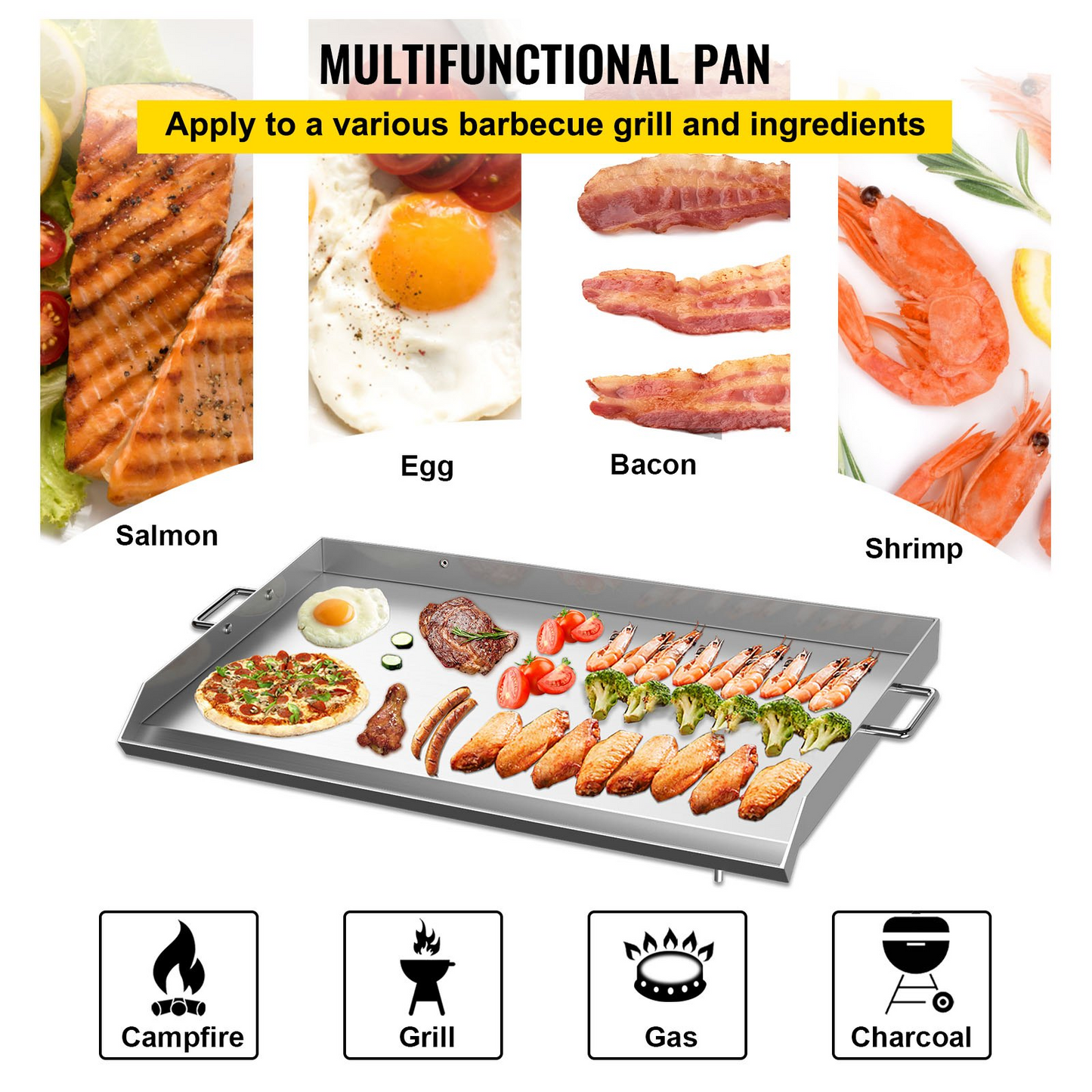 VEVOR Stainless Steel Griddle,32" X 17" Universal Flat Top Rectangular Plate , BBQ Charcoal/Gas Grill with 2 Handles and Grease Groove with Hole，Grills for Camping, Tailgating and Parties .