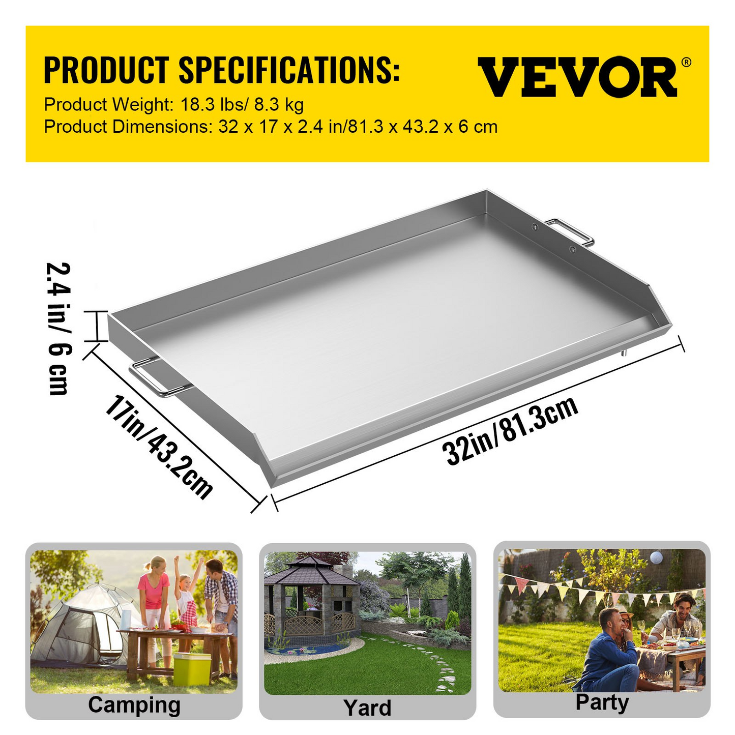 VEVOR Stainless Steel Griddle,32" X 17" Universal Flat Top Rectangular Plate , BBQ Charcoal/Gas Grill with 2 Handles and Grease Groove with Hole，Grills for Camping, Tailgating and Parties .