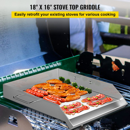 VEVOR Stainless Steel Griddle,18" X 16" Universal Flat Top Rectangular Plate, BBQ Charcoal/Gas Grill with 2 Handles and Grease Groove with Hole，Grills for Camping, Tailgating and Parties