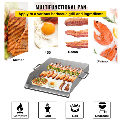 VEVOR Stainless Steel Griddle,18" X 16" Universal Flat Top Rectangular Plate, BBQ Charcoal/Gas Grill with 2 Handles and Grease Groove with Hole，Grills for Camping, Tailgating and Parties