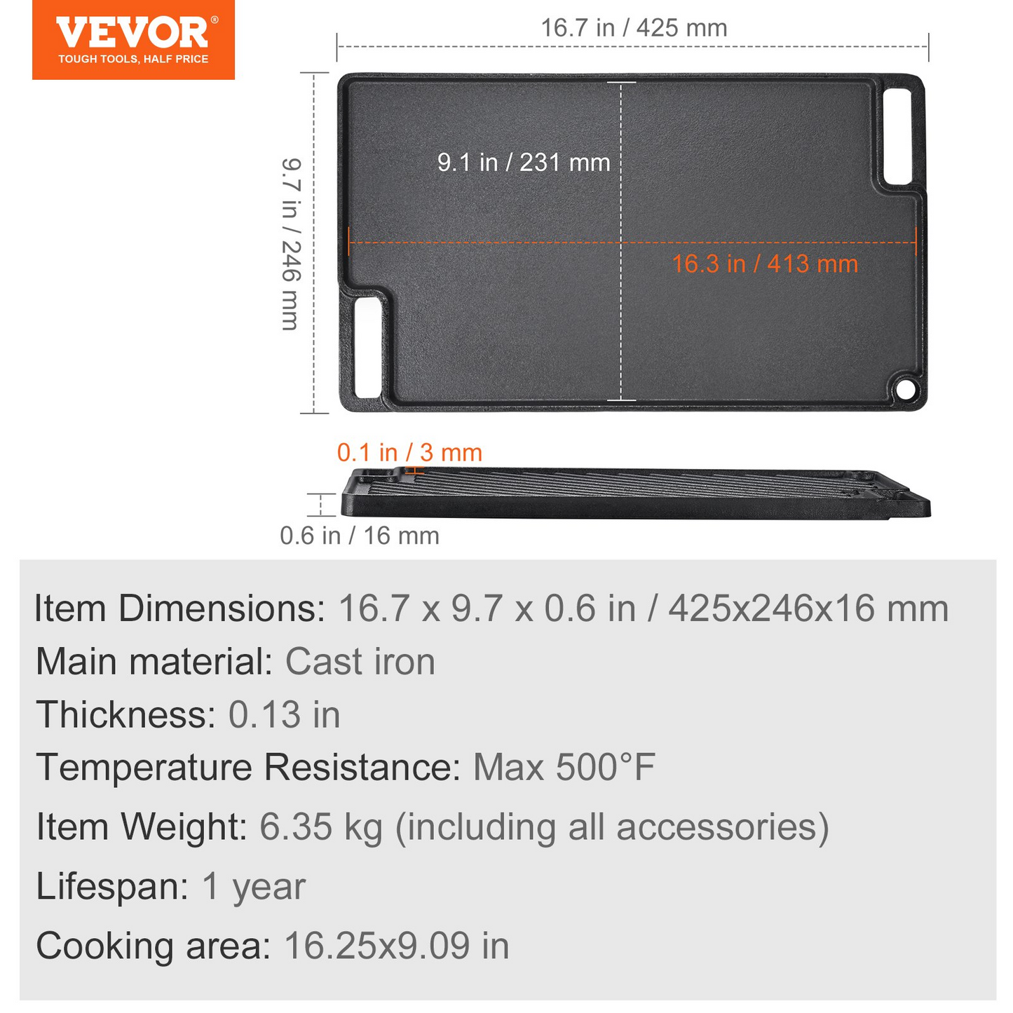 VEVOR Reversible Grill/Griddle, 9.7"x16.7" Pre-Seasoned Cast Iron Griddle, Rectangular Double Burner Griddle Pan, Non-Stick Family Pan Cookware with Handles, Flat Top Plate for BBQ, Gas Grill, Black