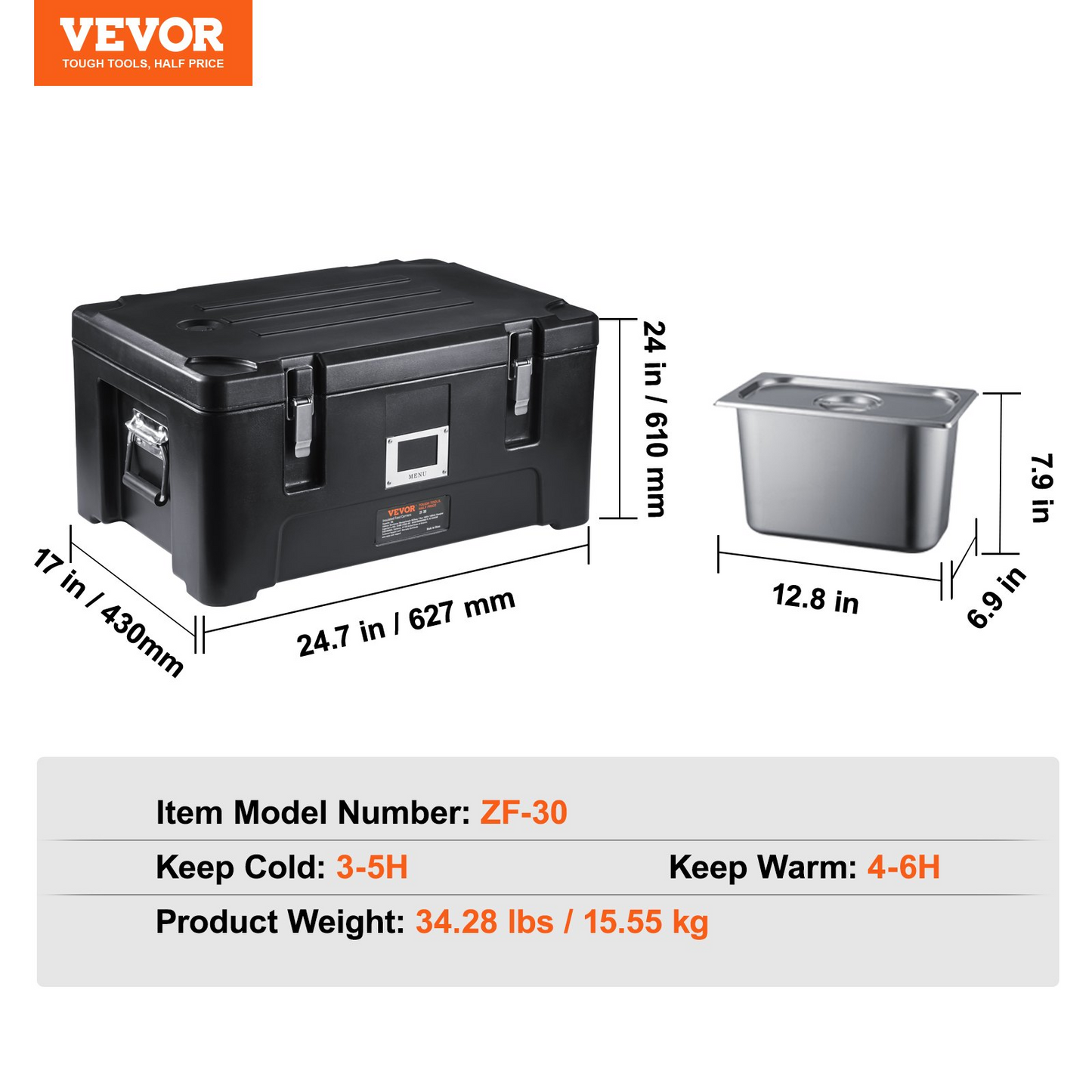 VEVOR Insulated Food Pan Carrier, 36Qt Capacity, Stackable Catering Hot Box w/ 3 Stainless Steel Pans, Top Load LLDPE Food Warmer w/Elastic Side Handles and Buckles, for Restaurant Canteen, Black