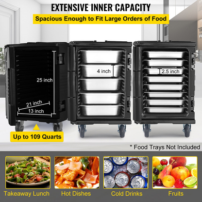 VEVOR Insulated Food Pan Carrier, 109 Qt Hot Box for Catering, LLDPE Food Box Carrier w/Double Buckles, Front Loading Food Warmer w/Handles, End Loader w/Wheels for Restaurant, Canteen, etc. Black