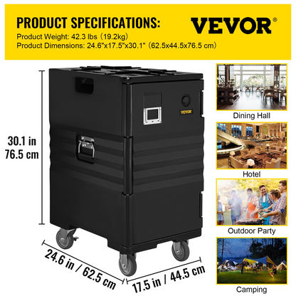 VEVOR Insulated Food Pan Carrier, 109 Qt Hot Box for Catering, LLDPE Food Box Carrier w/Double Buckles, Front Loading Food Warmer w/Handles, End Loader w/Wheels for Restaurant, Canteen, etc. Black