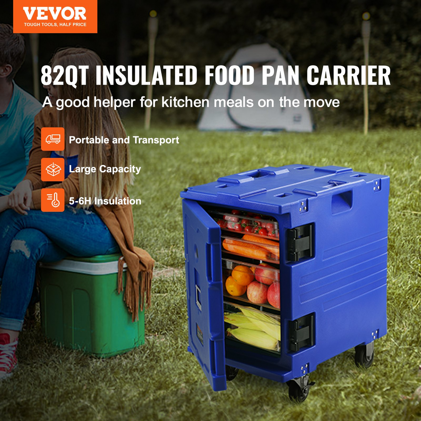 VEVOR Insulated Food Pan Carrier, 82 Qt Hot Box for Catering, LLDPE Food Box Carrier w/One-Piece Buckle, Front Loading Food Warmer w/Handles, End Loader w/Wheels for Restaurant, Canteen, etc. Blue