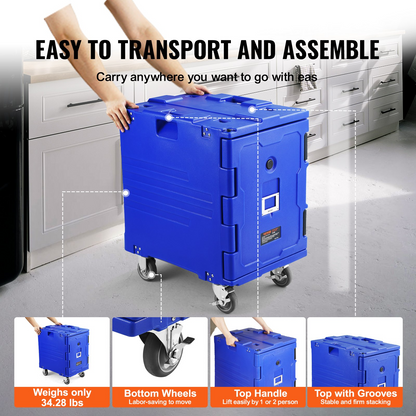 VEVOR Insulated Food Pan Carrier, 82 Qt Hot Box for Catering, LLDPE Food Box Carrier w/One-Piece Buckle, Front Loading Food Warmer w/Handles, End Loader w/Wheels for Restaurant, Canteen, etc. Blue