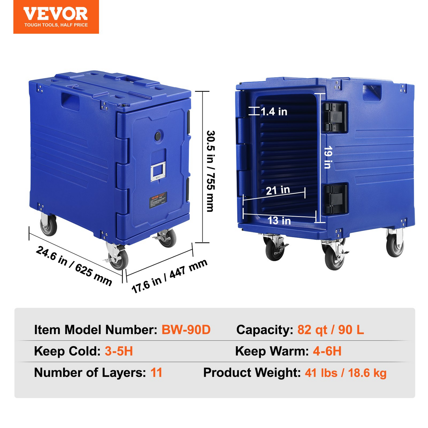 VEVOR Insulated Food Pan Carrier, 82 Qt Hot Box for Catering, LLDPE Food Box Carrier w/One-Piece Buckle, Front Loading Food Warmer w/Handles, End Loader w/Wheels for Restaurant, Canteen, etc. Blue