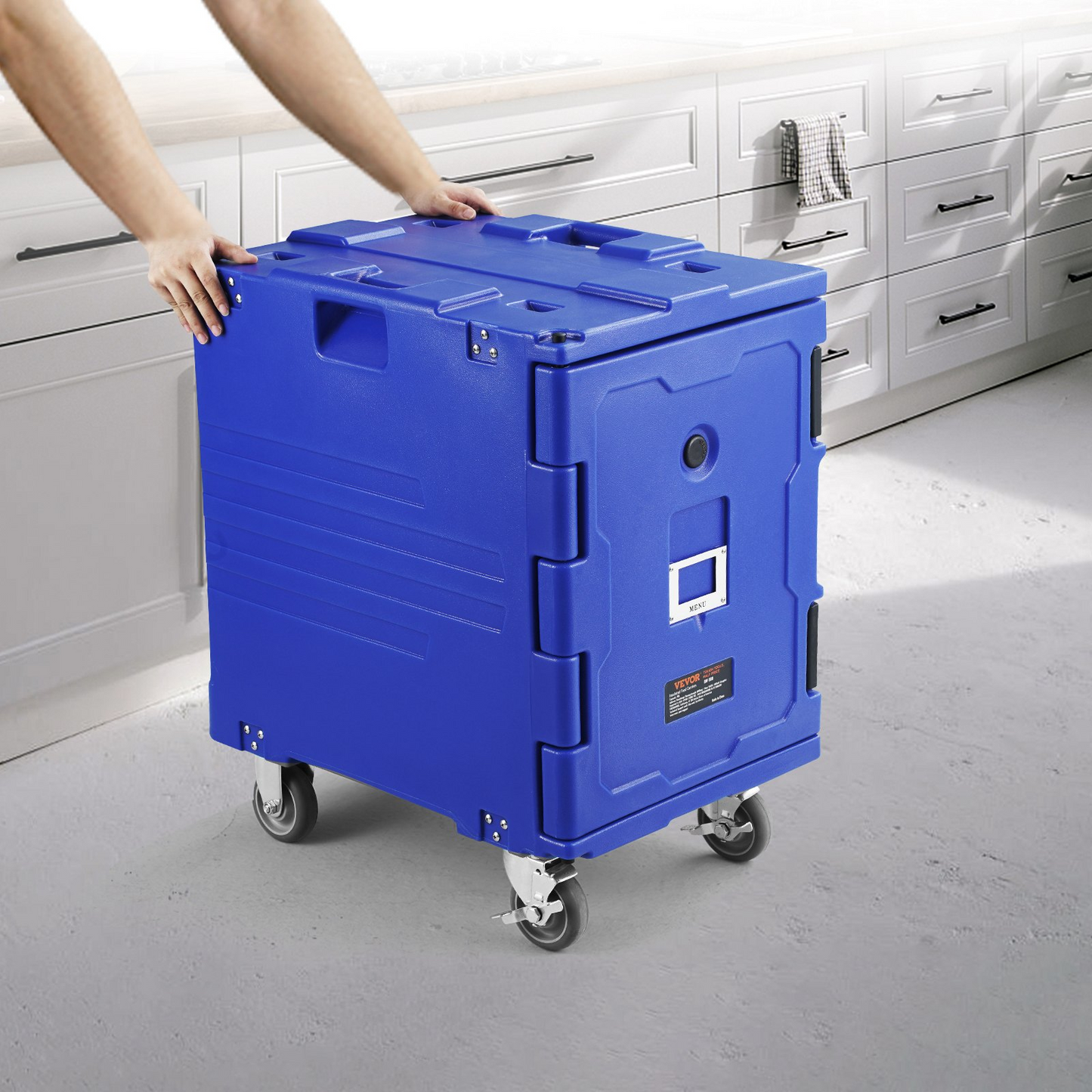 VEVOR Insulated Food Pan Carrier, 82 Qt Hot Box for Catering, LLDPE Food Box Carrier w/One-Piece Buckle, Front Loading Food Warmer w/Handles, End Loader w/Wheels for Restaurant, Canteen, etc. Blue