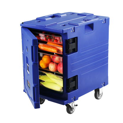 VEVOR Insulated Food Pan Carrier, 82 Qt Hot Box for Catering, LLDPE Food Box Carrier w/One-Piece Buckle, Front Loading Food Warmer w/Handles, End Loader w/Wheels for Restaurant, Canteen, etc. Blue